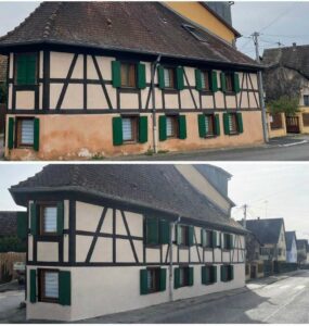Rénovation de façade à colombages d'une maison alsacienne à l'angle d'une rue, avant et après travaux